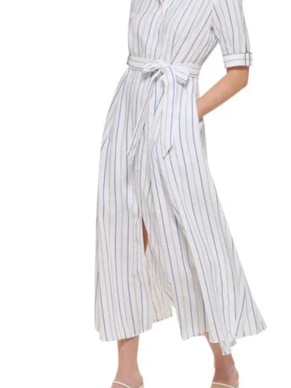 Calvin Klein Blue and White Striped Belted Shirtdress